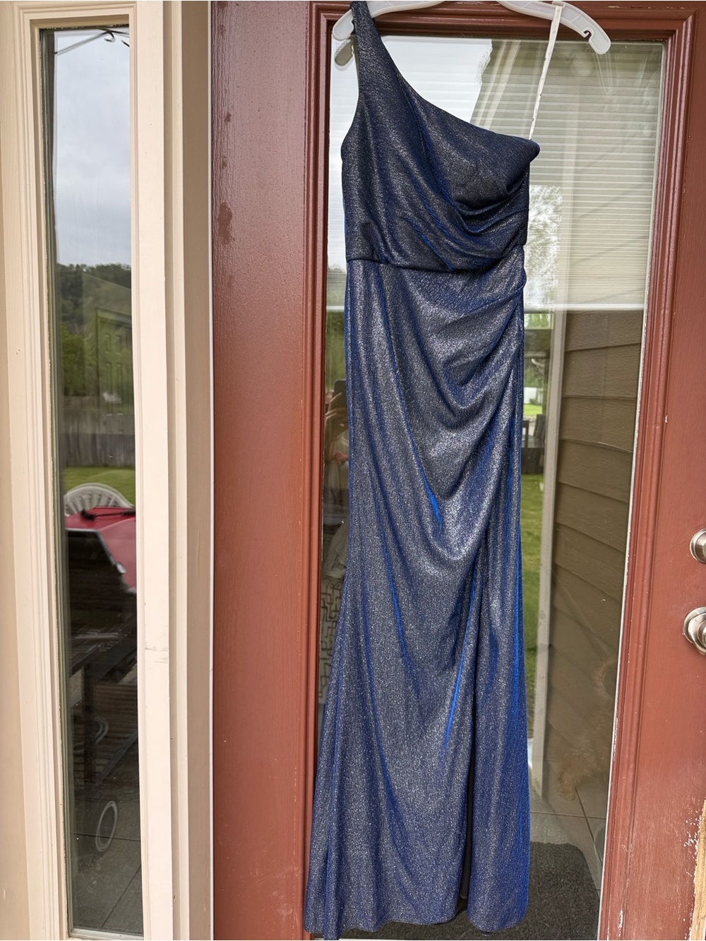 One-Shoulder Sparkle Evening Gown in Navy